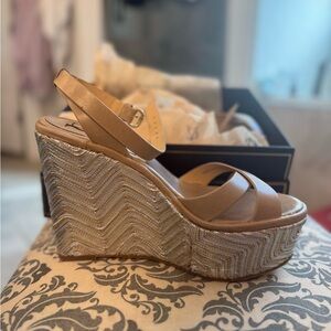 Vince Camuto Tan and Gold Wedge Sandals